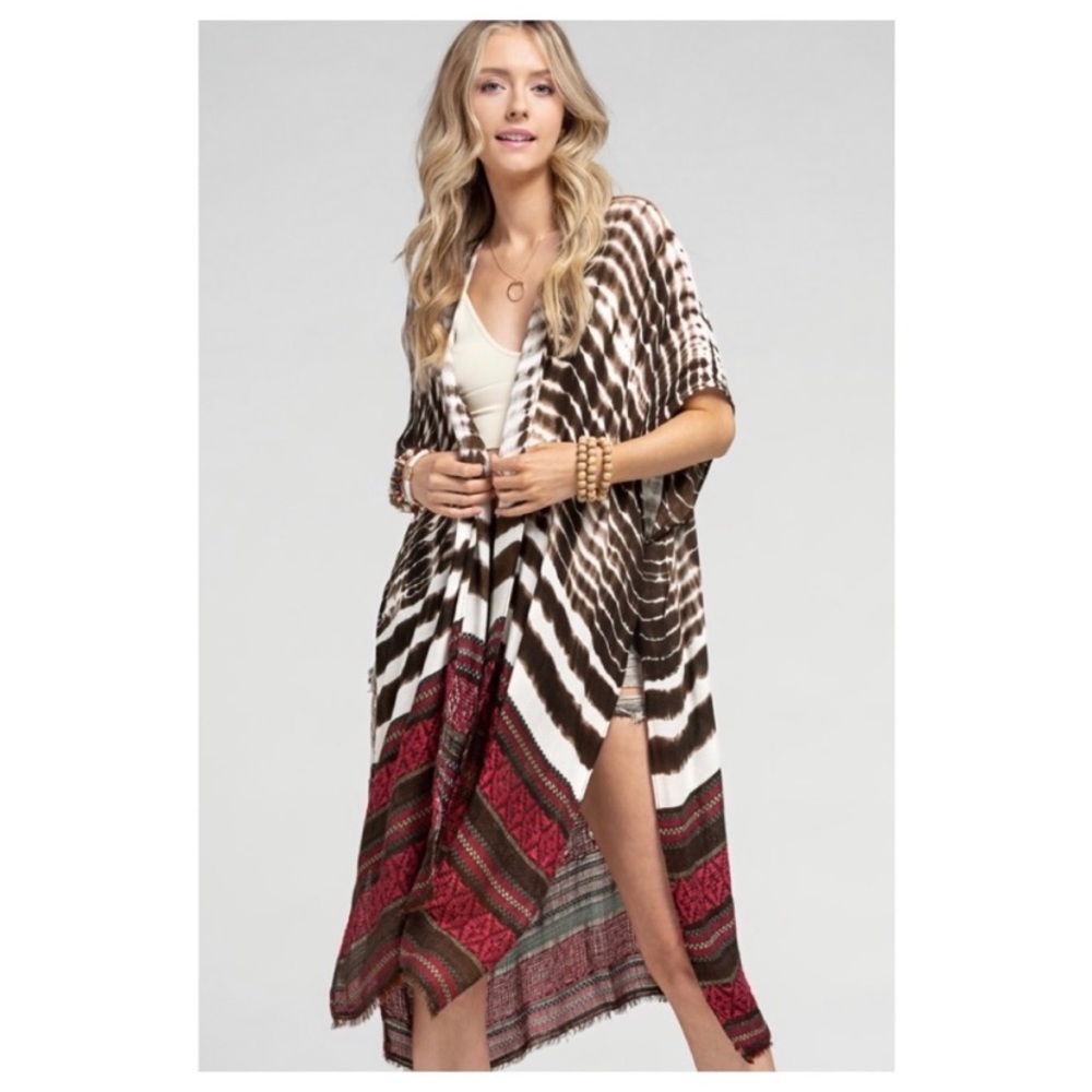 NEW W TAGS-  Ethnic Motif Border Kimono with Side Slits